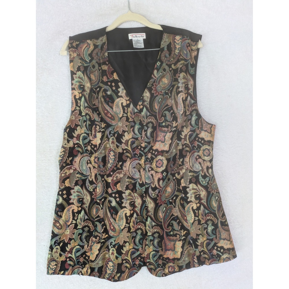 Talbots Tapestry Vest Women's Large Black Paisley Metallic V-Neck Back Tie